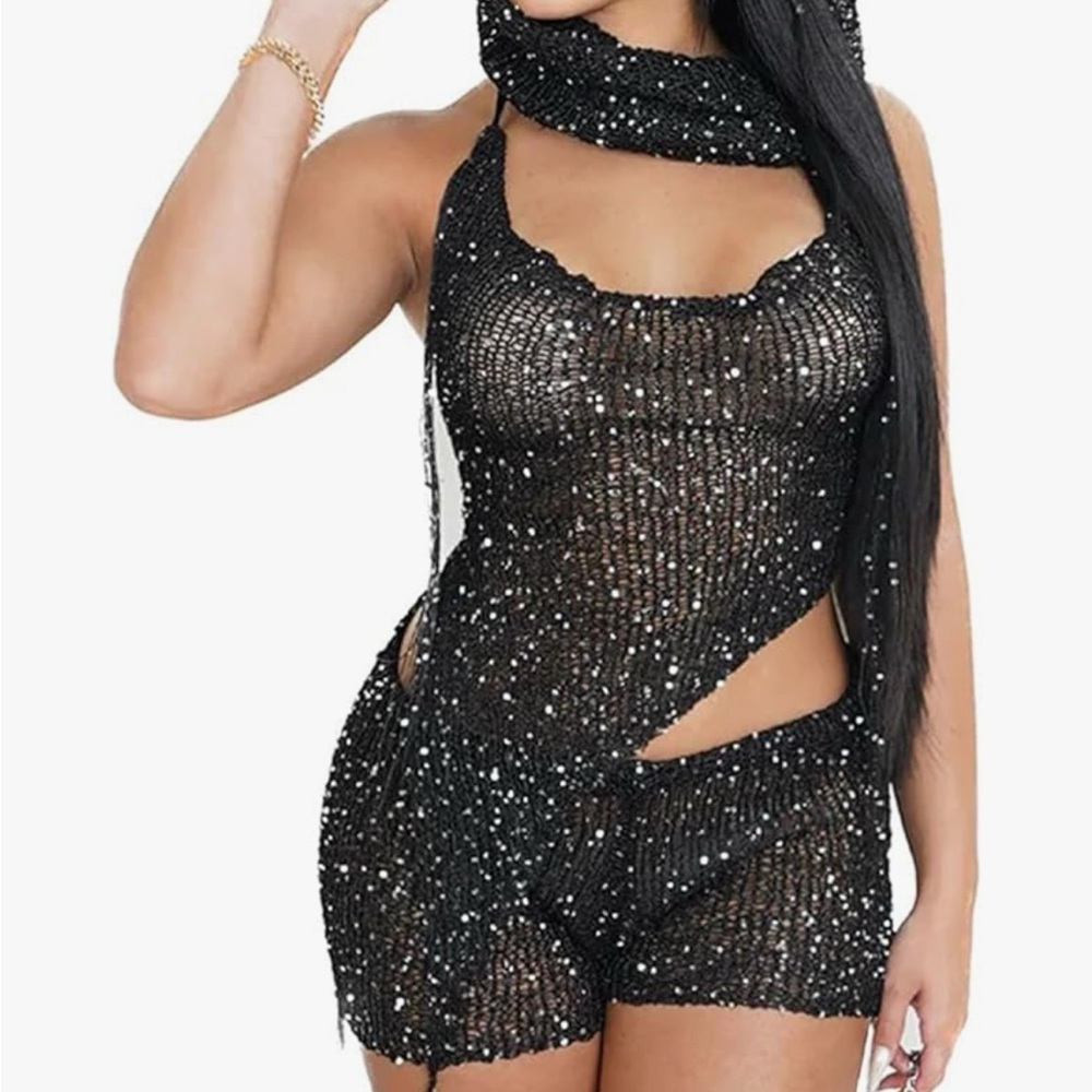 Black Sequin Knit Two Piece Set with Hood